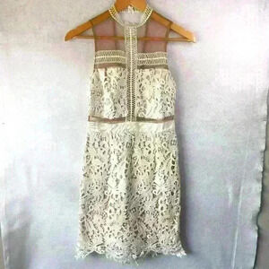 A.Peach Nude White Lace Form Fitting Mesh Mini Dress S Bride Wedding Easter Sexy